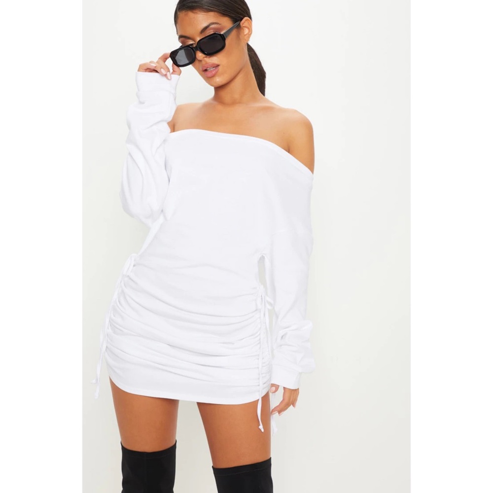 Pretty Little Thing, White Bardot Ruched Side Sweat Sweatshirt Dress, Size 10